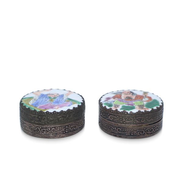No. 2 Chinese metal pillboxes, with enamelled and painted lids