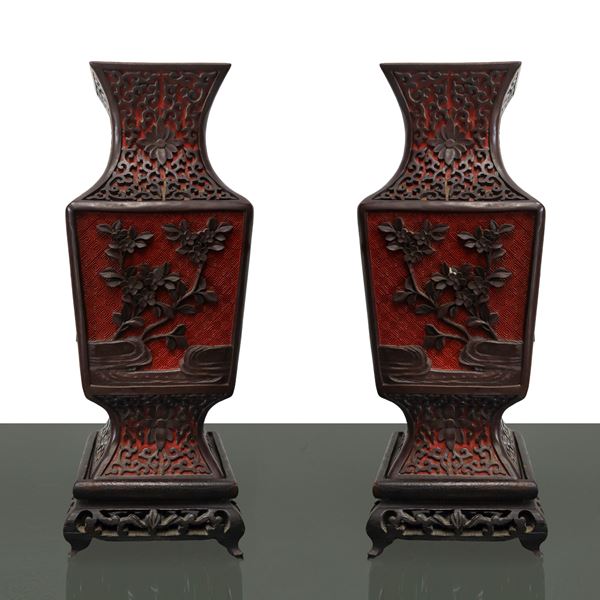 Pair of Chinese vases with red cinnabar lacquer and carved floral decorations