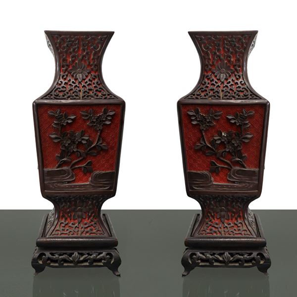 Pair of Chinese vases with cinnabar red lacquer and carved floral decorations