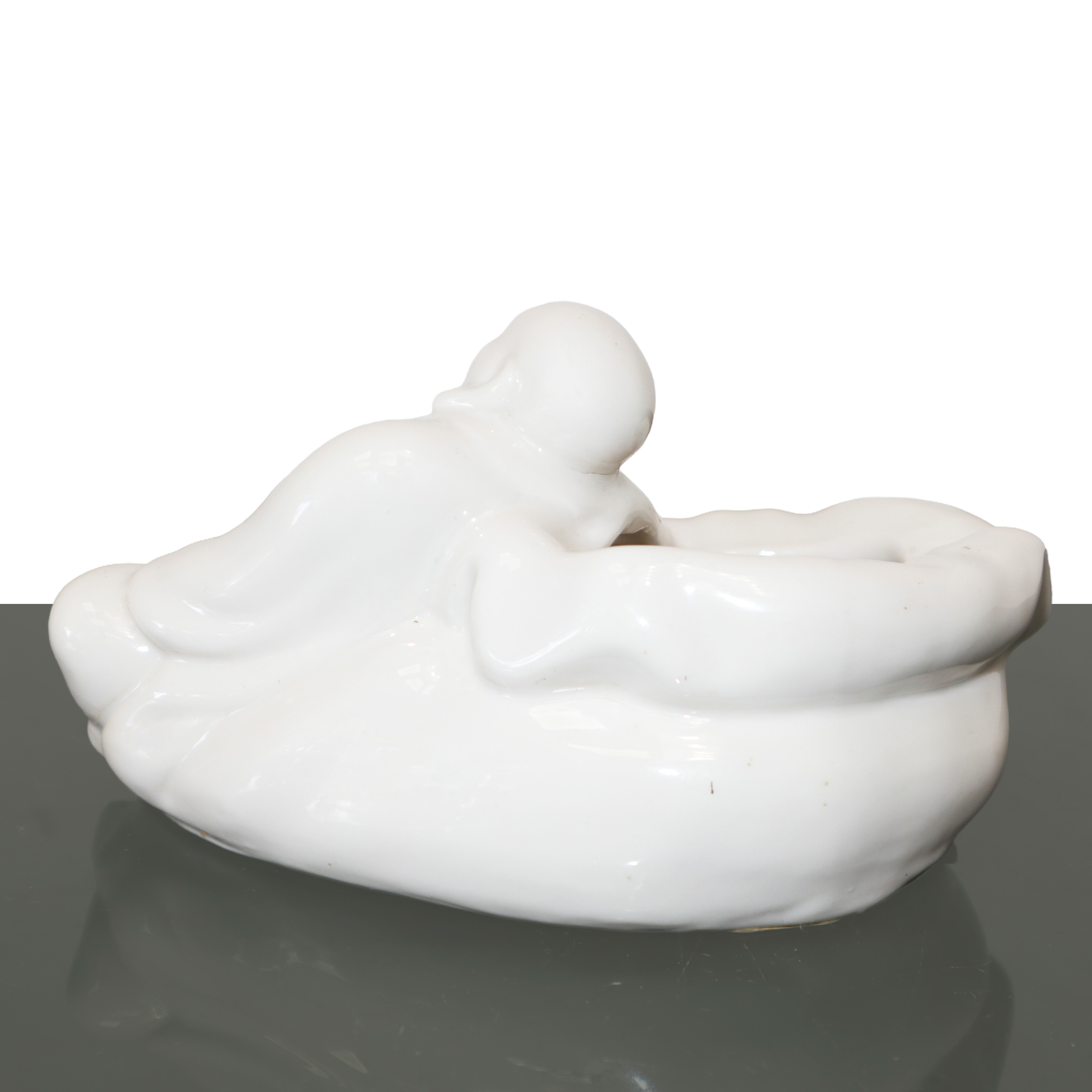 Piccolo contenitore cinese in porcellana bianca con Buddha gioiso sdraiato