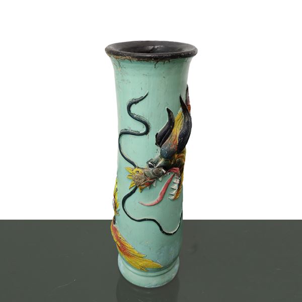 Chinese wooden roller vase, painted and with dragon in relief