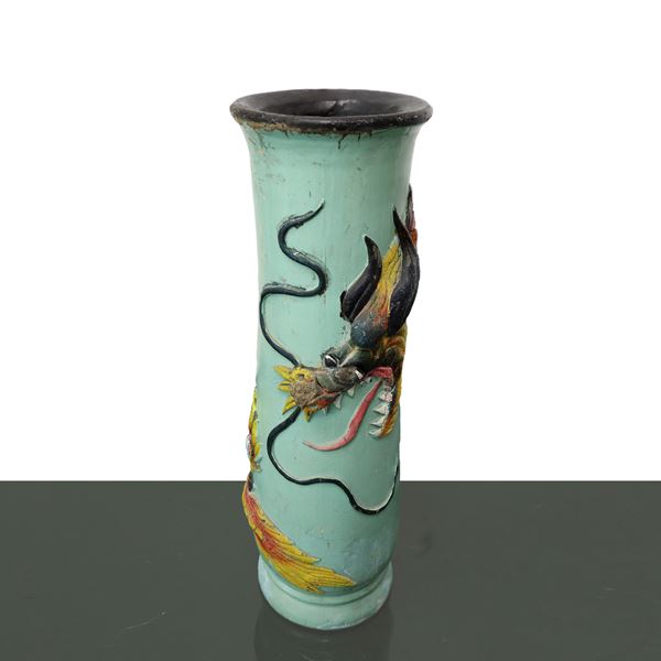 Chinese wooden vase, roller, painted and with dragon in relief