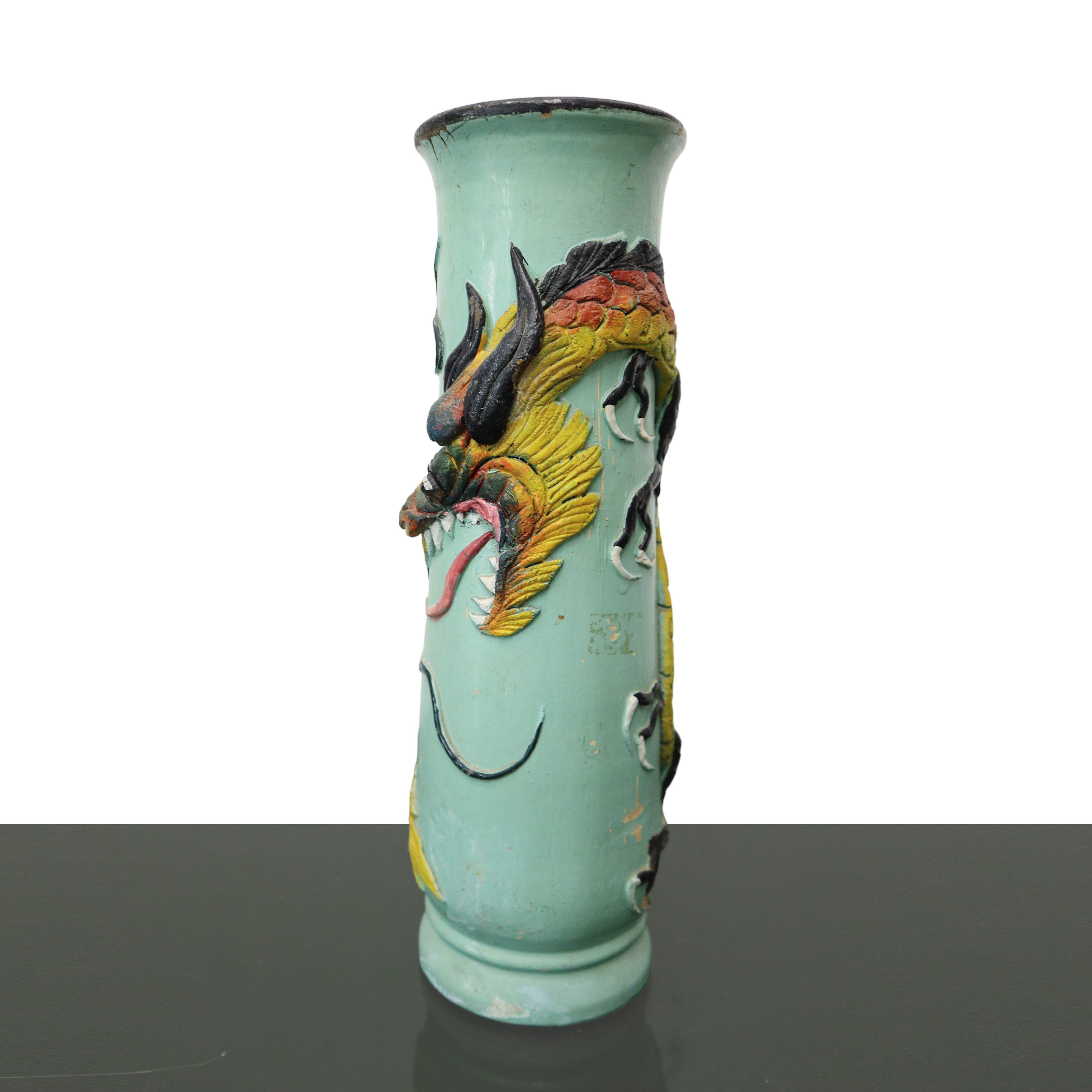 Vaso cinese in legno, a rullo, dipinto e con drago in rilievo