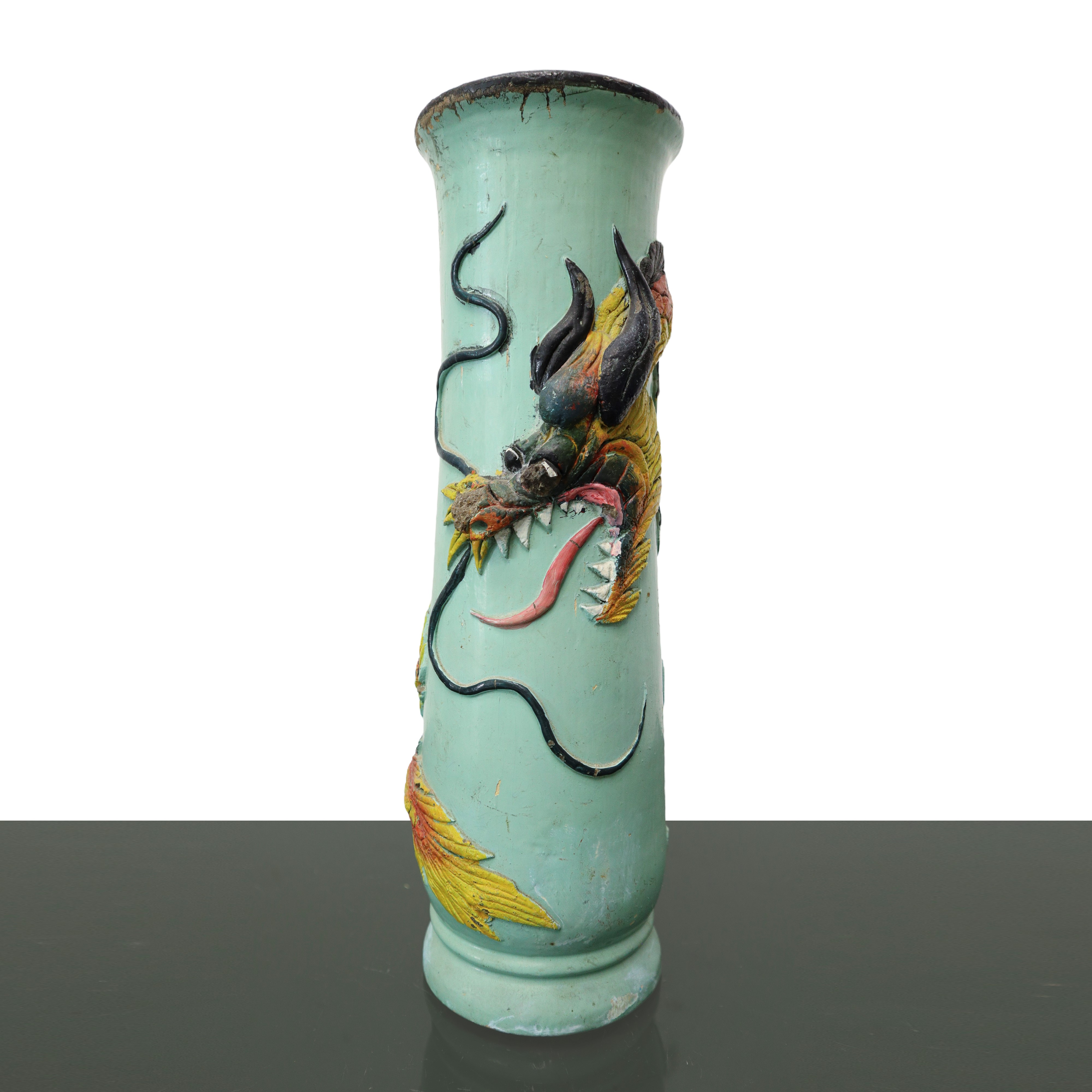 Vaso cinese in legno, a rullo, dipinto e con drago in rilievo