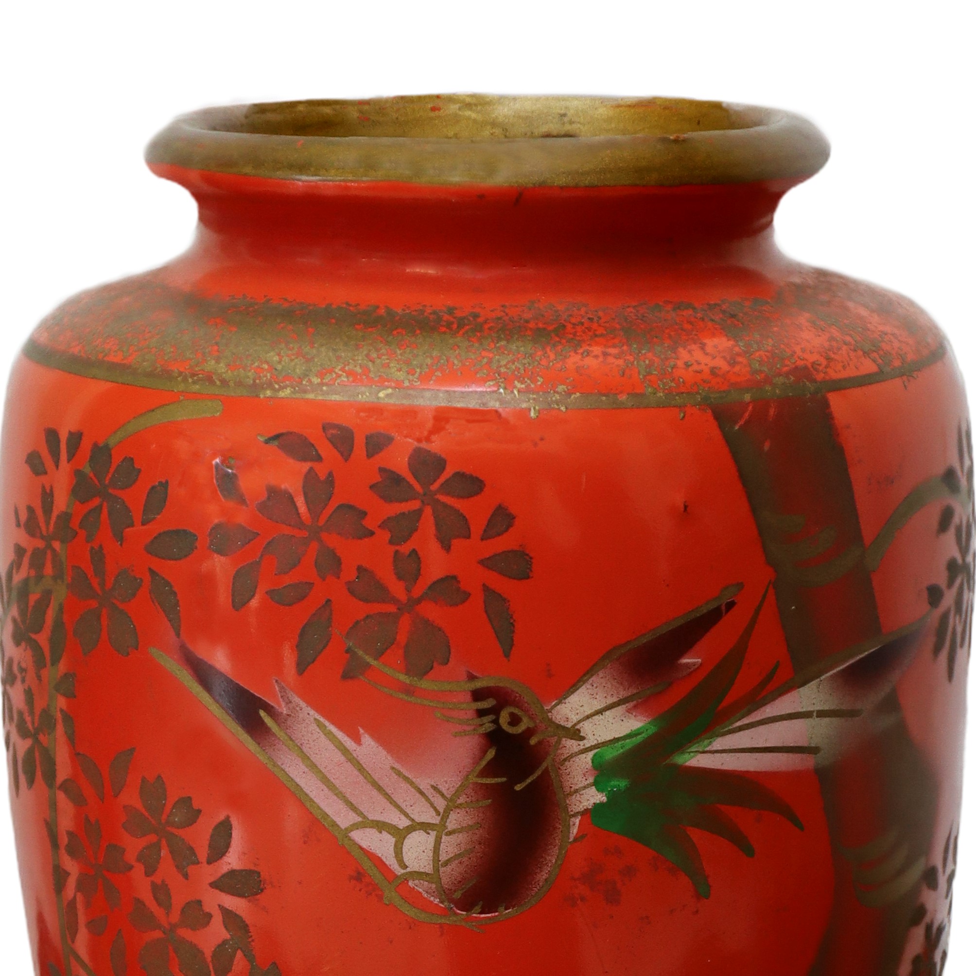 Vaso cinese in ceramica, laccato rosso con decorazioni di uccelli e bamboo
