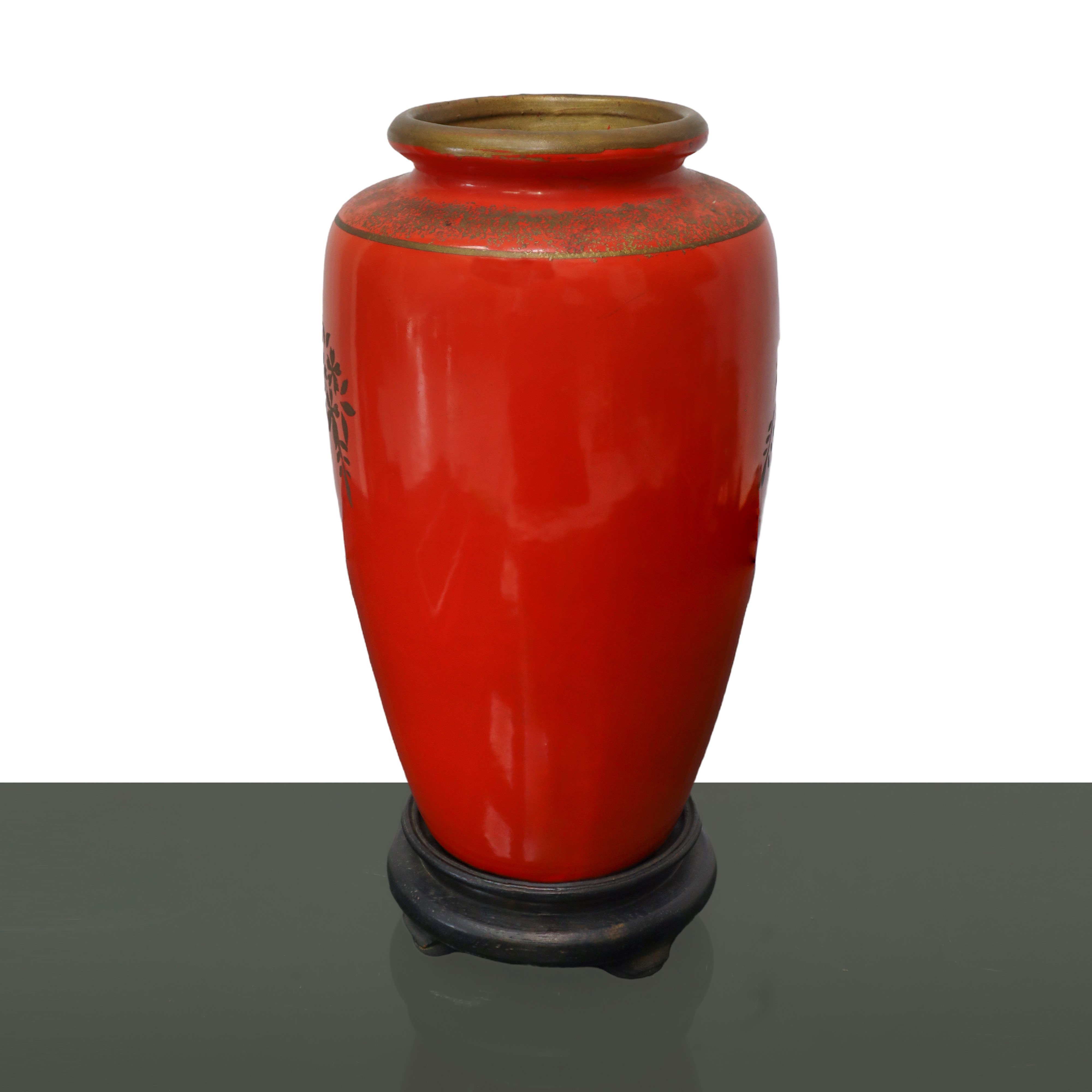 Vaso Cinese in Ceramica, Laccato Rosso con Decorazioni di Uccelli e Bamboo
