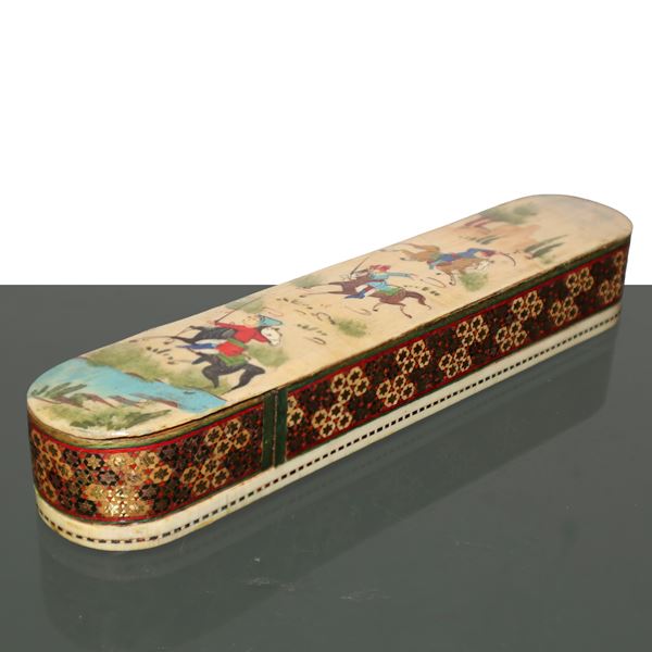 Oriental wooden case with hand-painted sliding lid