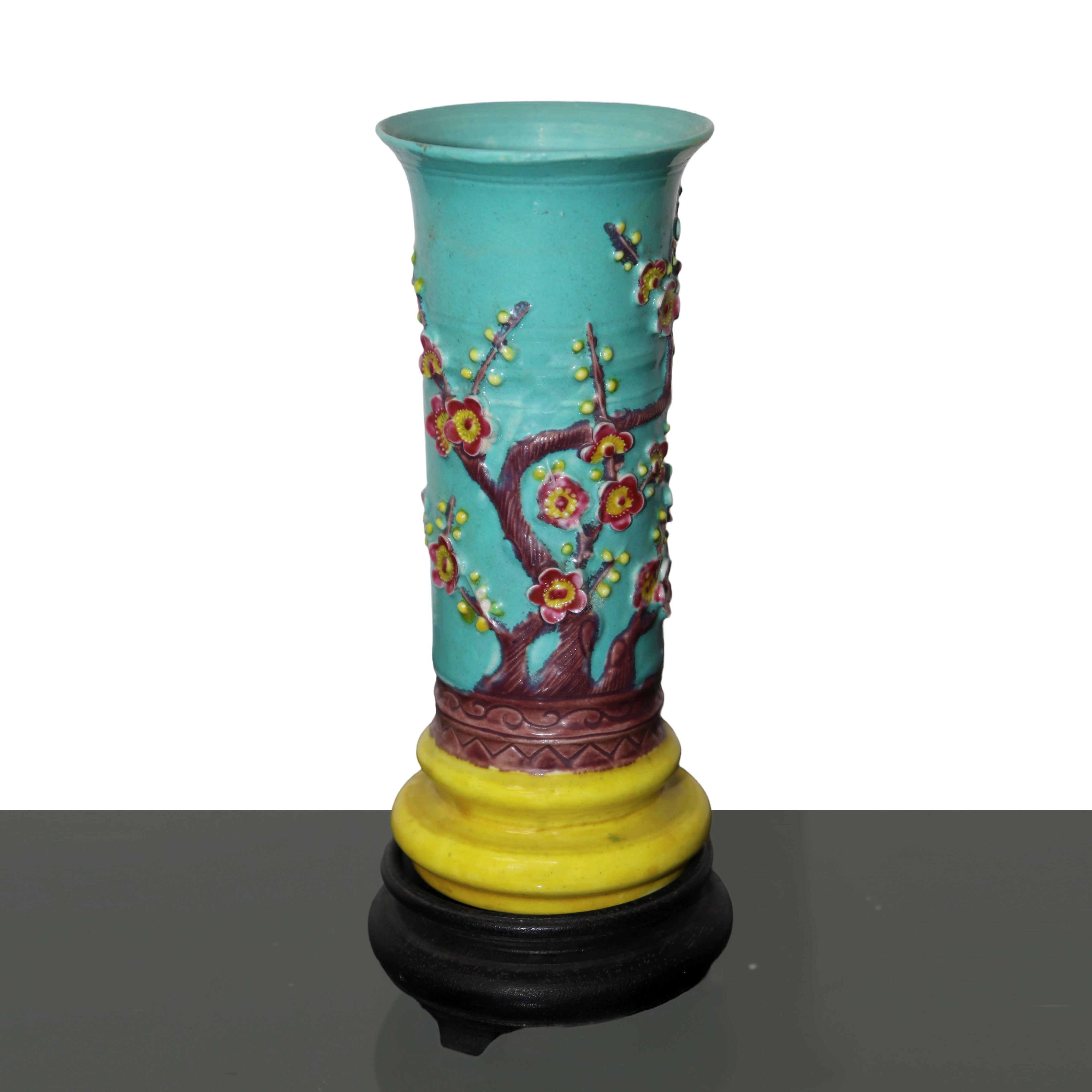 Vaso orientale a rullo cilindro in porcellana smaltata, Dinastia Quinq Famiglia Rosa