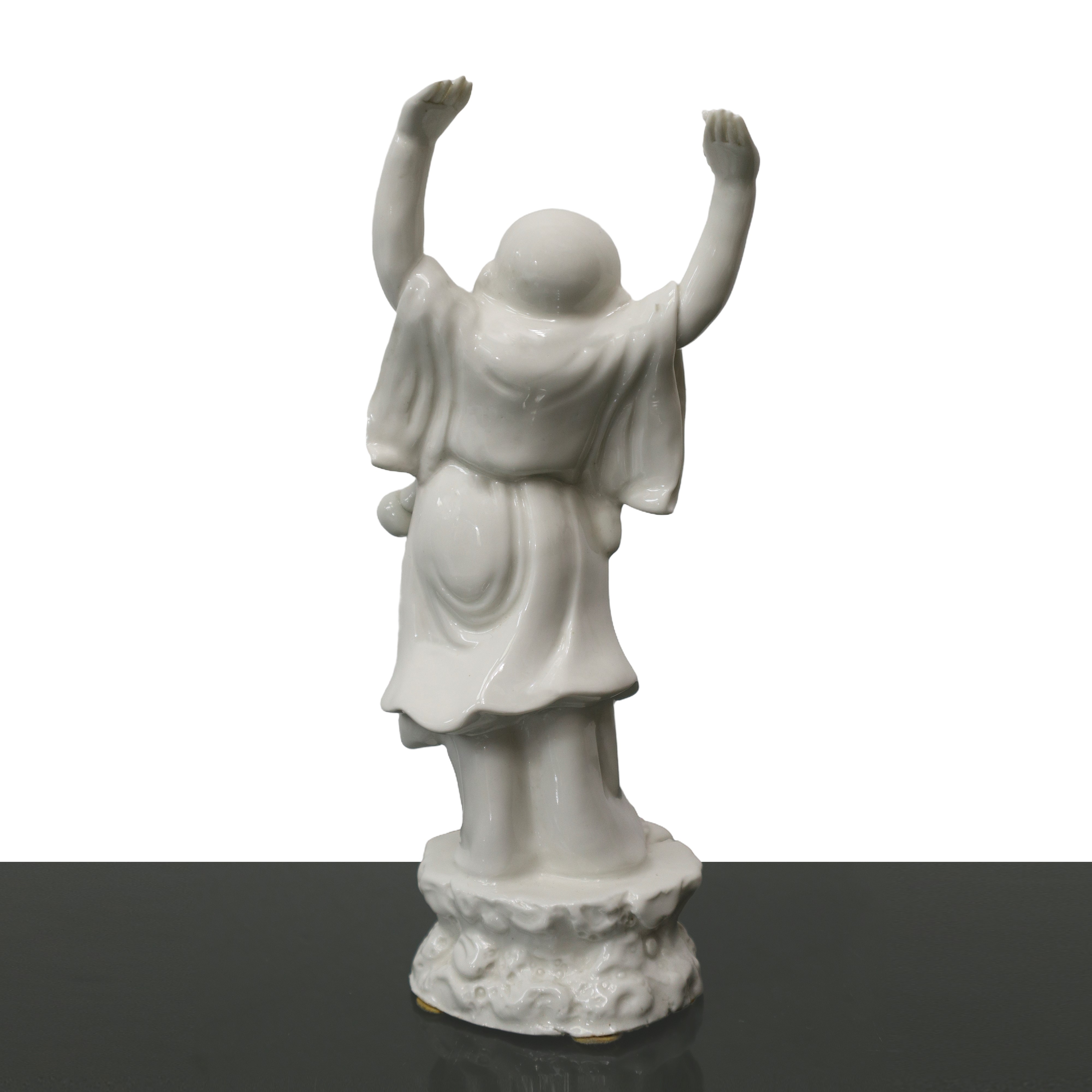 Statuina cinese di Buddha gioioso in ceramica bianca