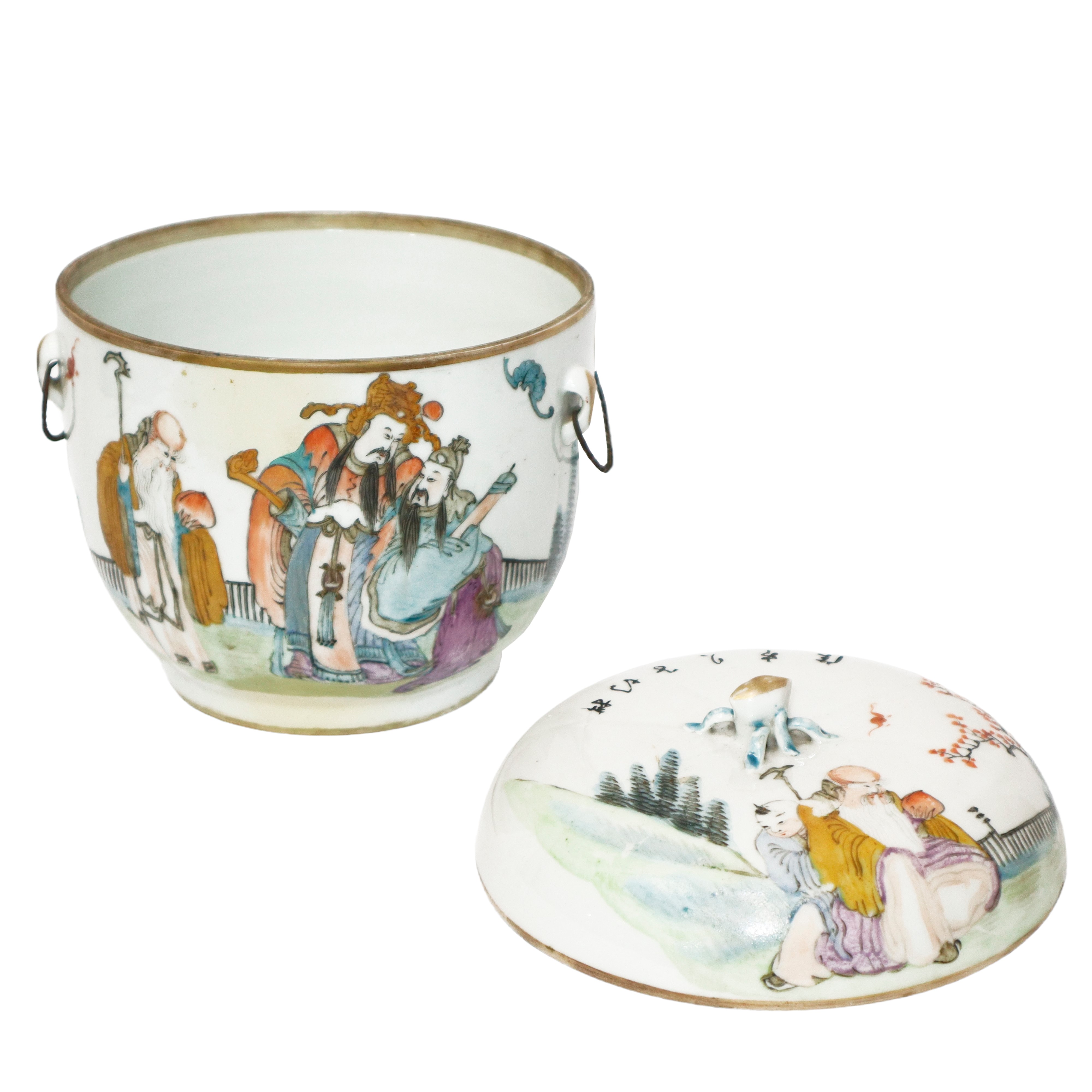 Barattolo di zenzero antico in porcellana cinese con manici in metallo