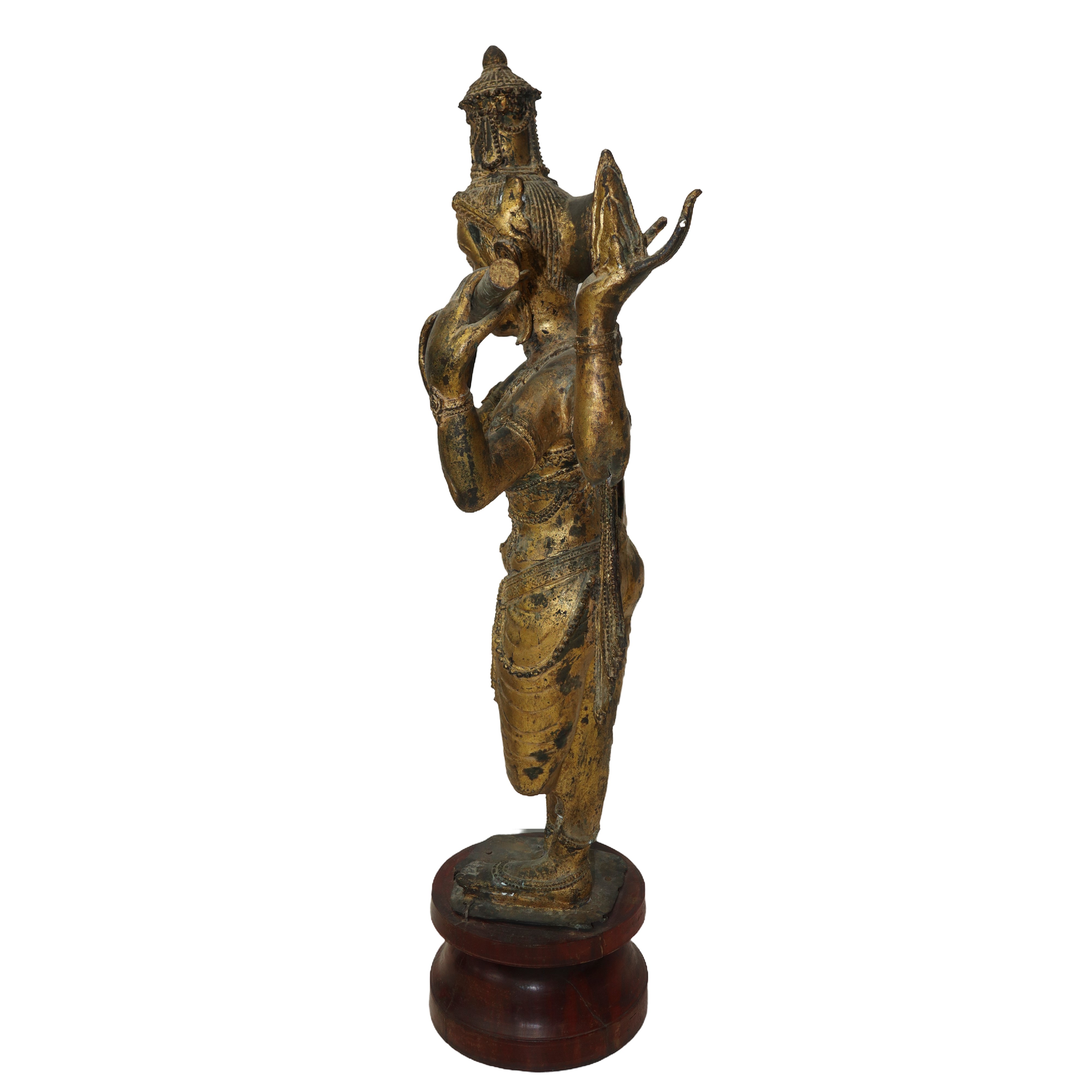Antica Grande Statua Birmana di Bronzo Dorato della Dea Kali