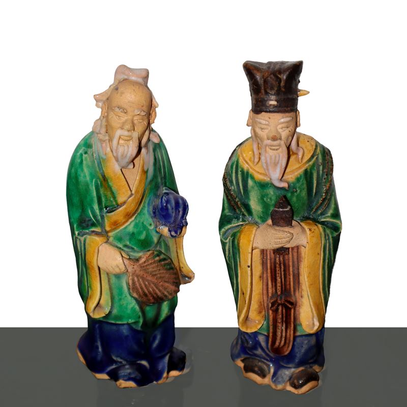 Coppia di Statuette Cinesi Policrome in Gesso