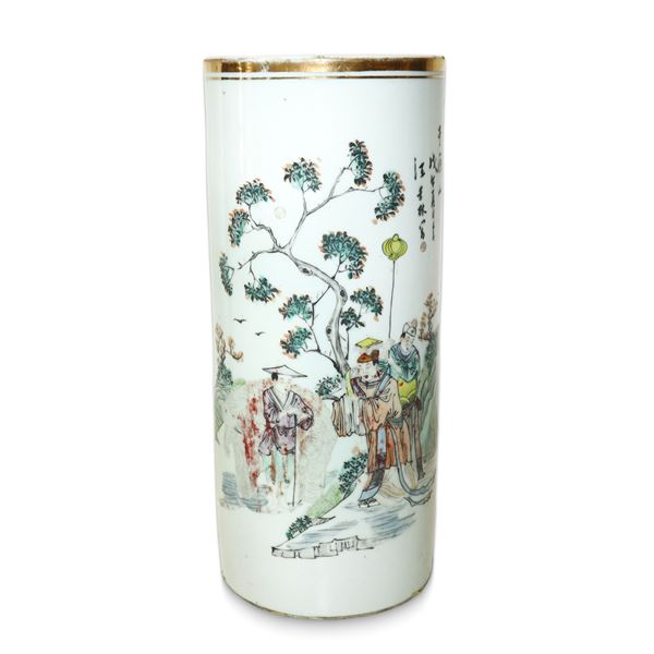 Vaso cinese a rollo cilindrico in porcellana Famiglia Rosa dinastia Quinq