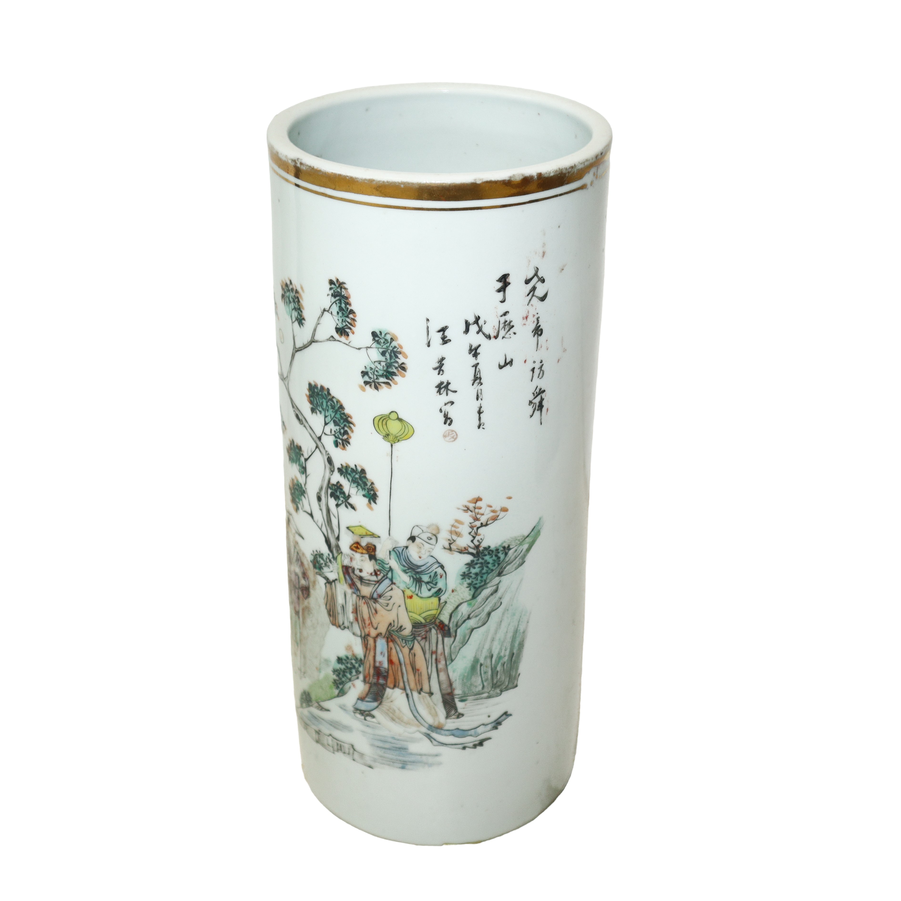 Vaso cinese a rollo cilindrico in porcellana famiglia rosa dinastia Quinq