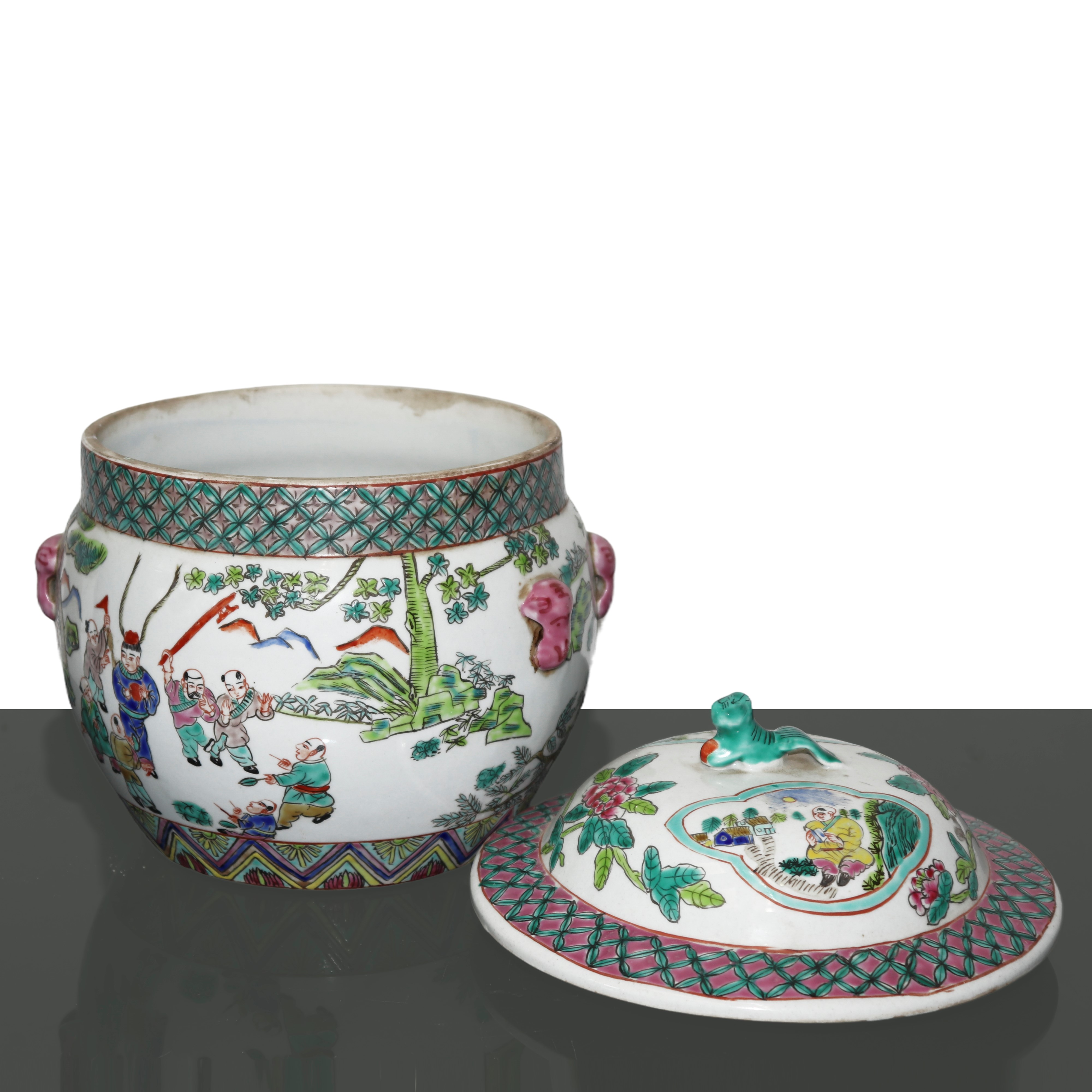 Porta zenzero cinese con coperchio in porcellana con decori policromi, coperchio con pomello a fo...