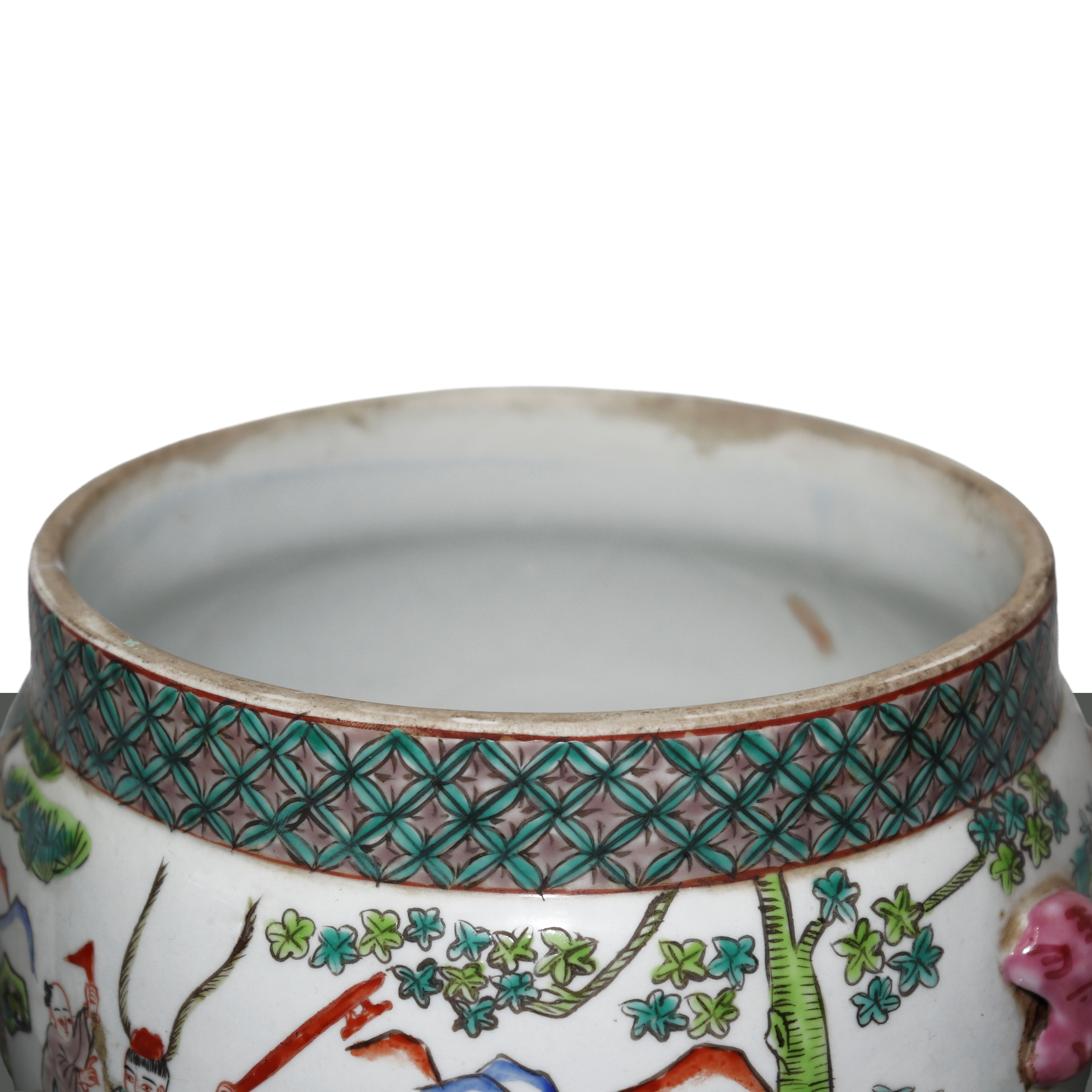 Porta zenzero cinese con coperchio in porcellana con decori policromi, coperchio con pomello a fo...