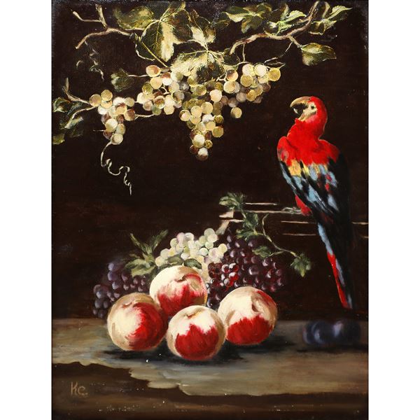 Still life of fruit with parrot