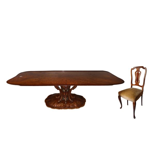 Large burl style table, with six Chippendale style chairs