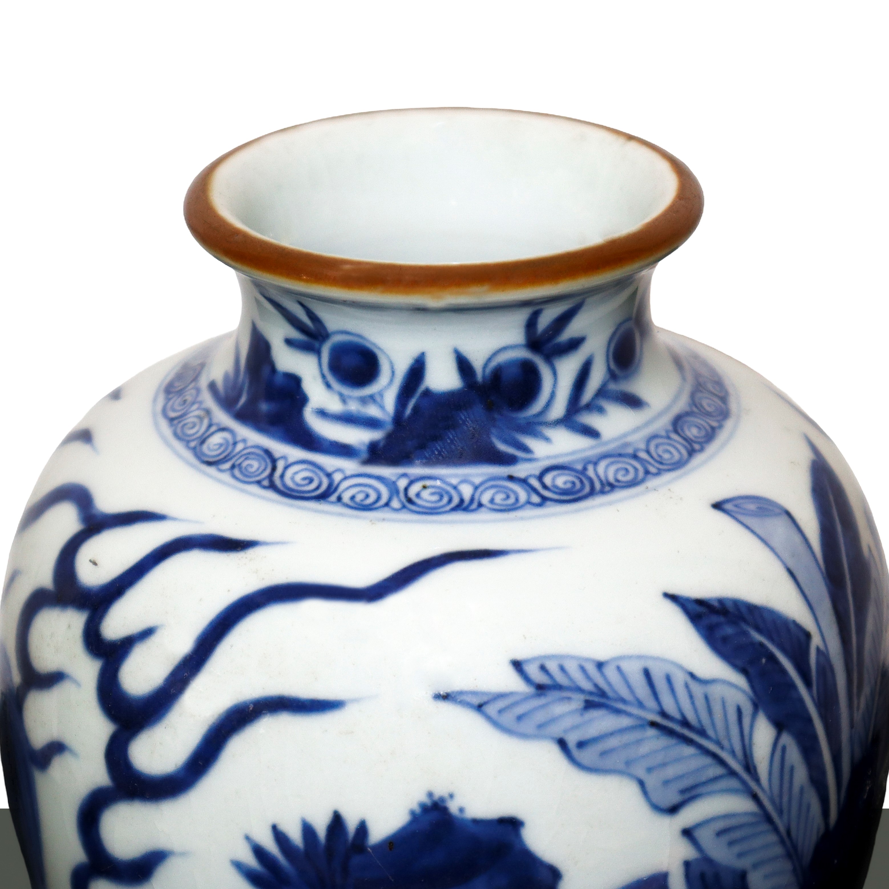 Vaso bianco e blu con leoni dipinti della dinastia Quing