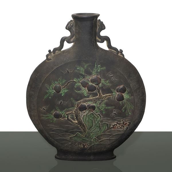 Brown Chinese bottle painted with nine peaches and characters