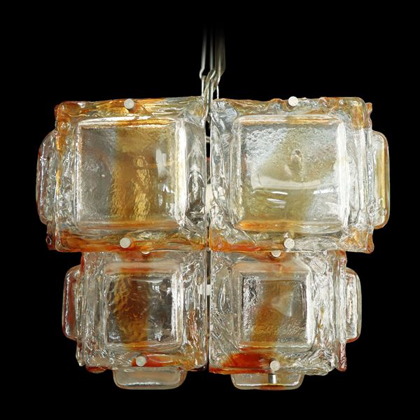 Mazzega - Chandelier with blown Murano glass diffusers and nickel-plated steel