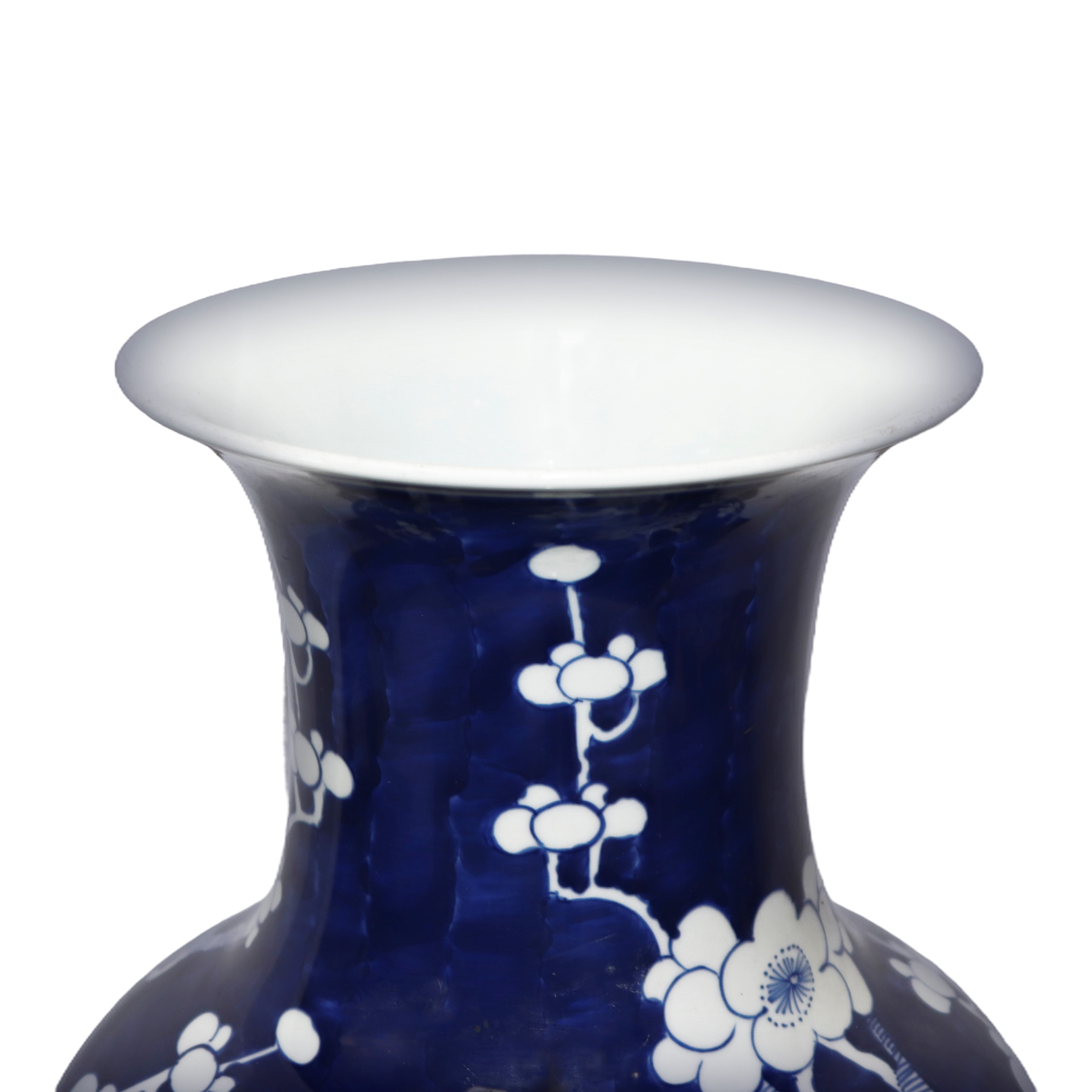 Vaso cinese in ceramica blu con decorazione di alberi di ciliegio