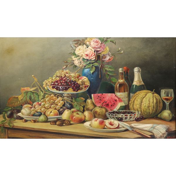 still life of fruit and flowers