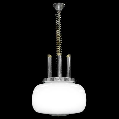 Lampadario a sospensione, struttura in metallo cromato, opaline
