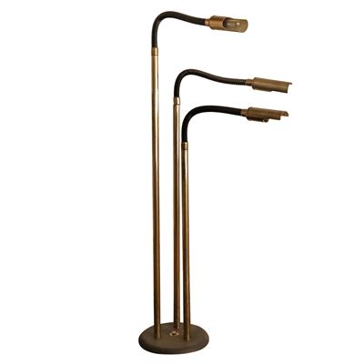 Lampada piantana vintage, struttura tubolare in ottone dorato e steli su base circolare