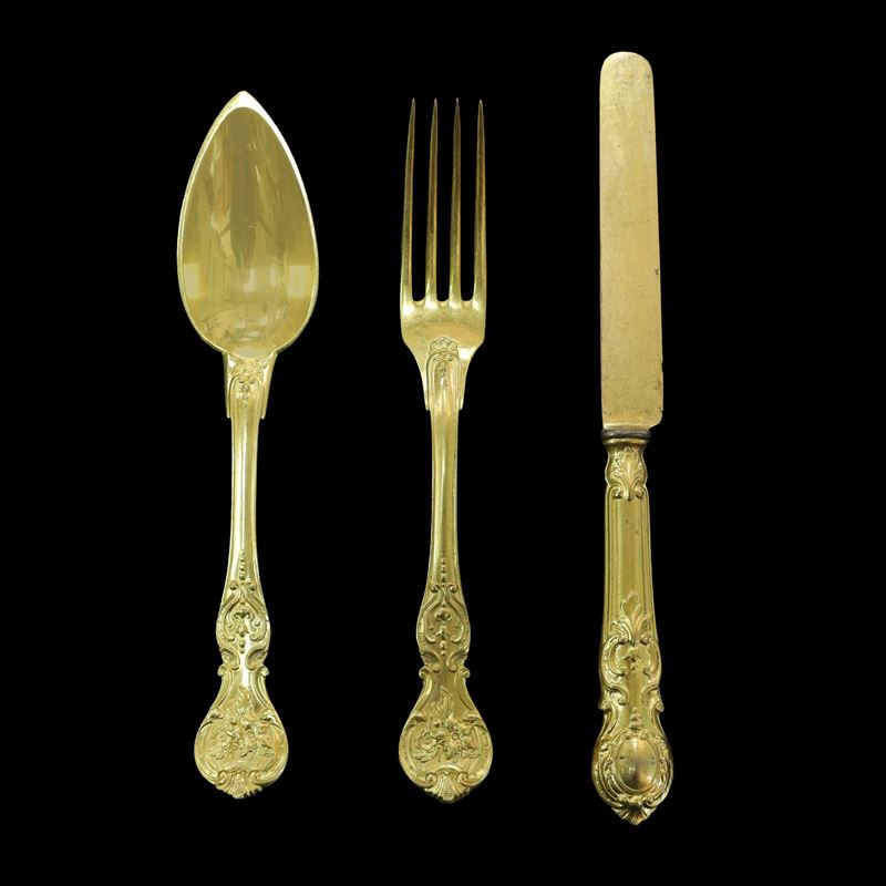 Antico servizio di posate da 12, placcato in oro