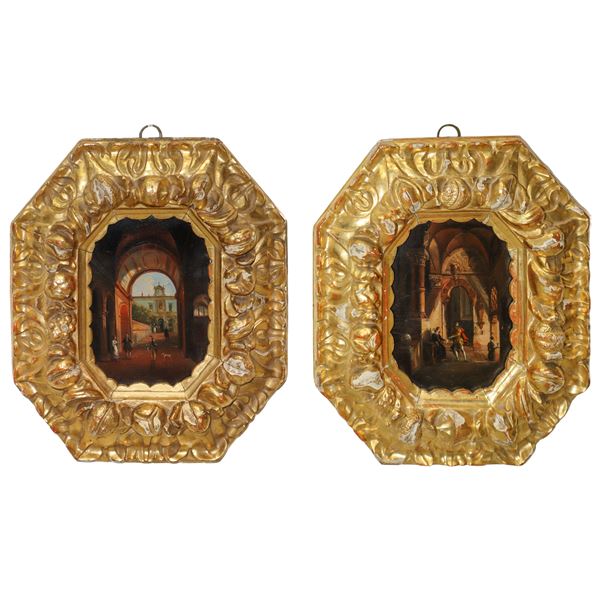 Pair of octagonal tablets with noble genre scenes