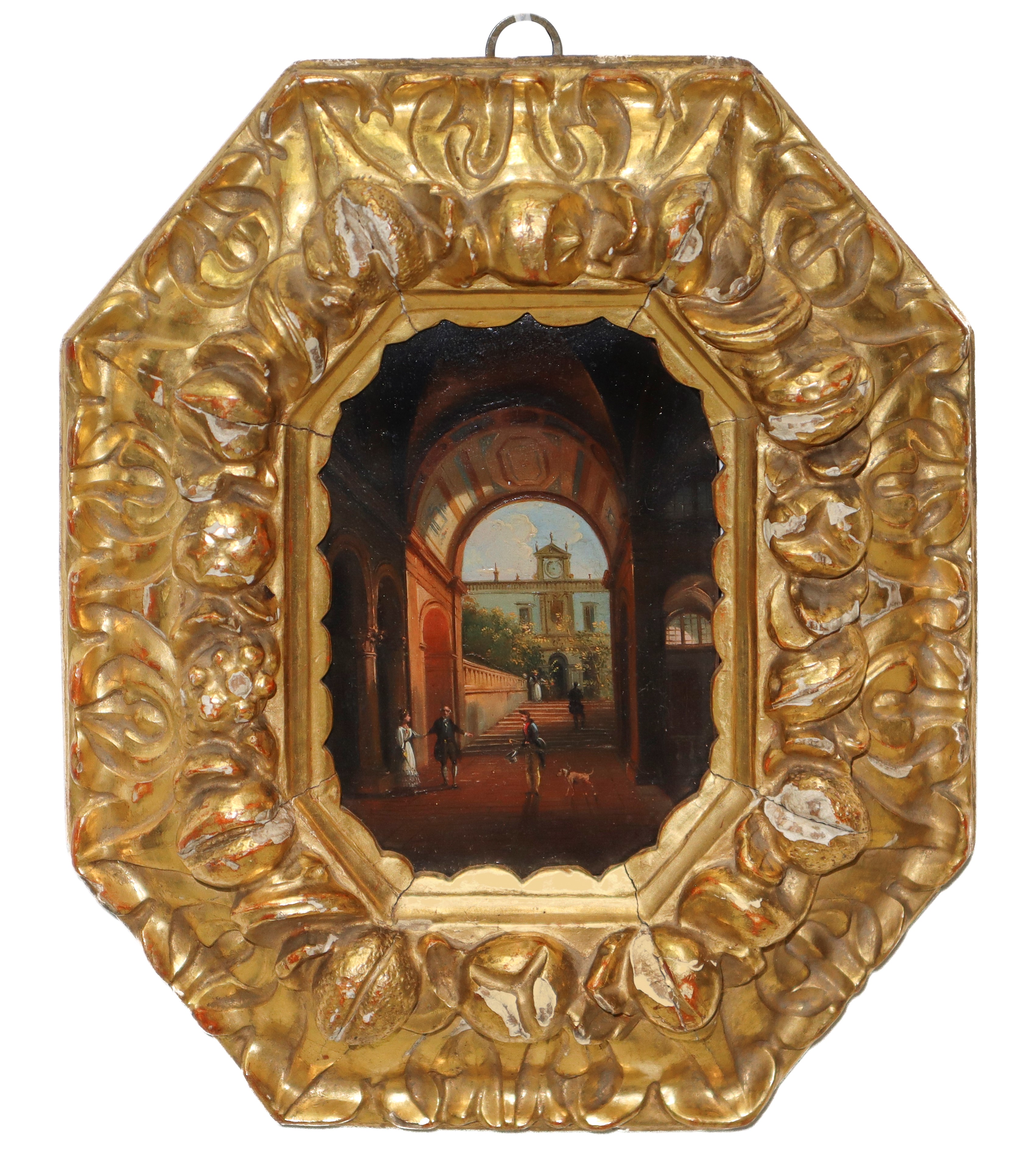 Coppia di tavolette ottagonali con scene di genere nobiliari