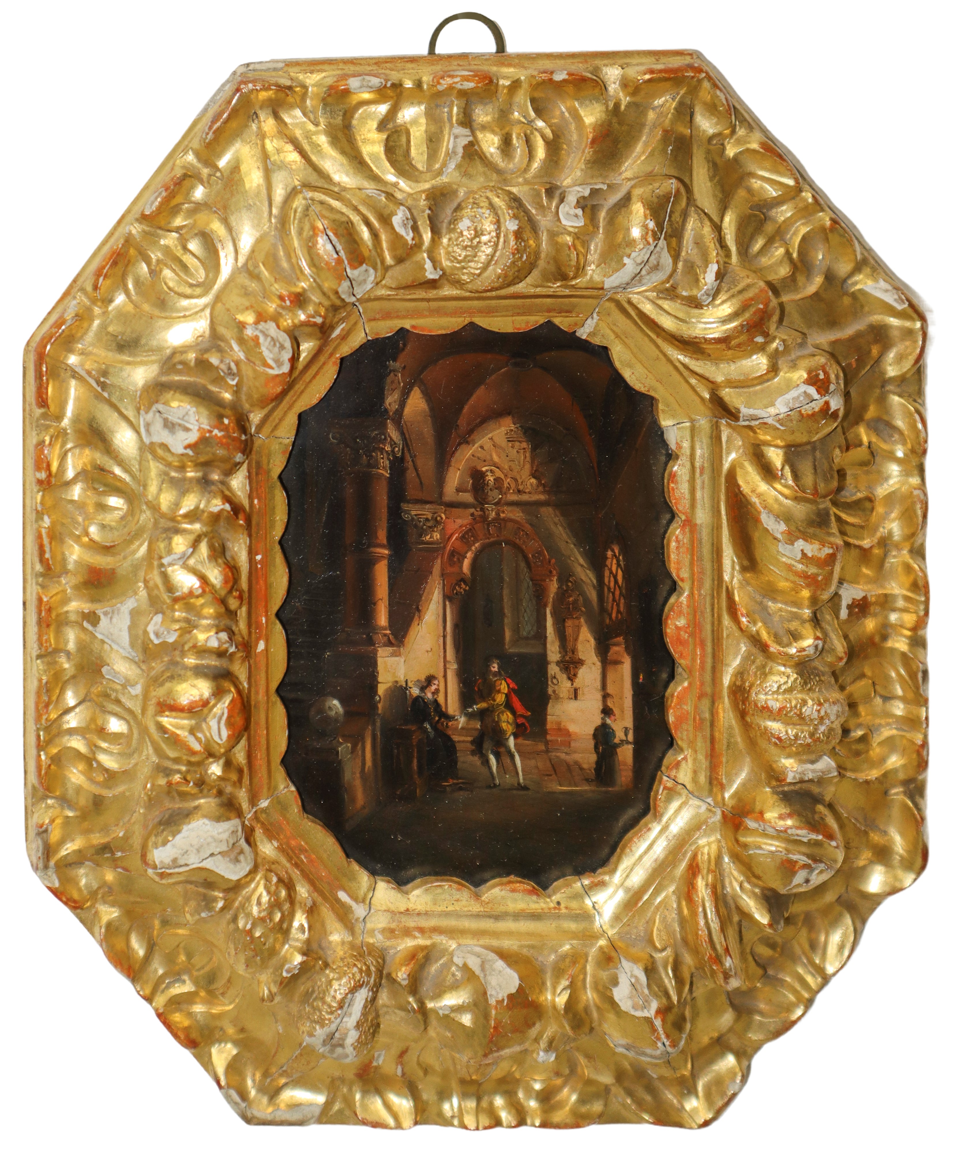 Coppia di tavolette ottagonali con scene di genere nobiliari