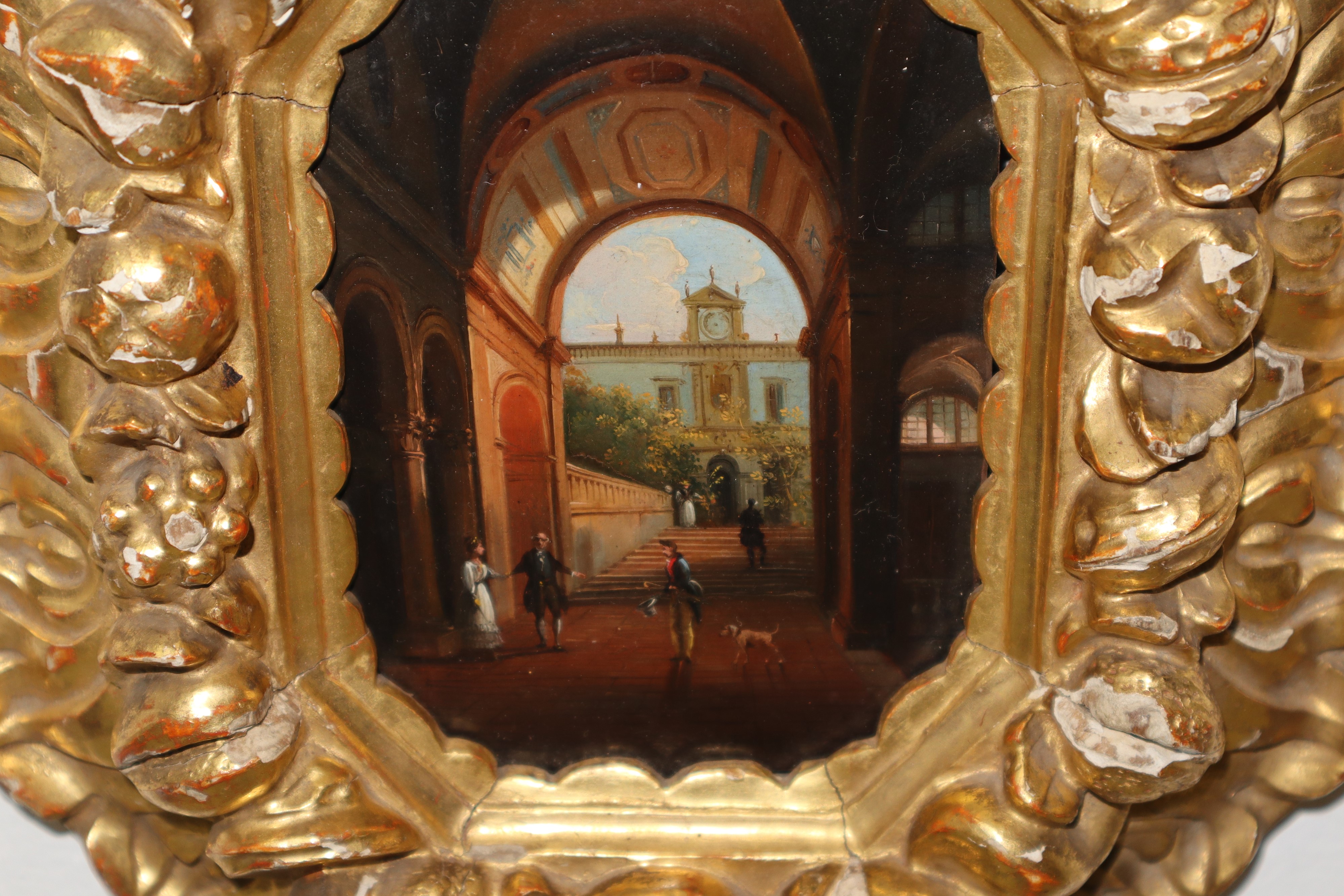 Coppia di tavolette ottagonali con scene di genere nobiliari