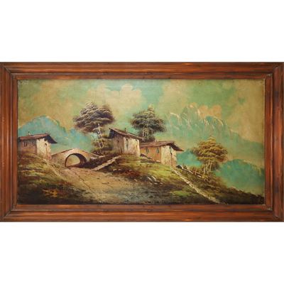 Paesaggio con Casa Rurale, Ponte e Montagne Innevate