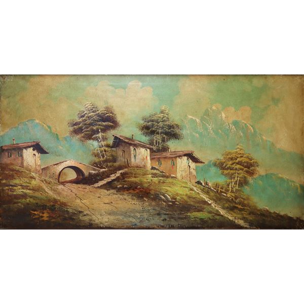 Landscape with rural house, bridge and snow-capped mountains