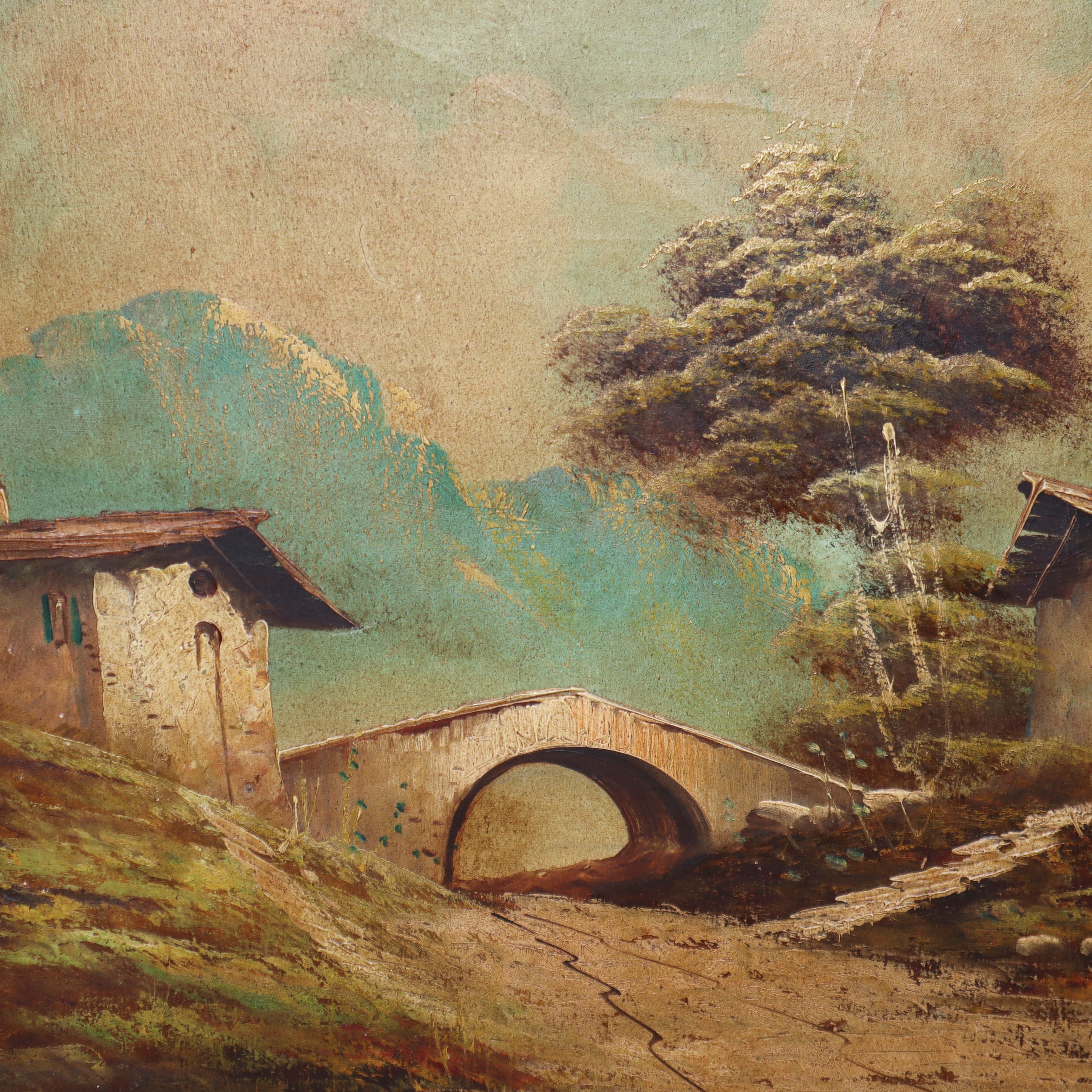 Paesaggio con Casa Rurale, Ponte e Montagne Innevate