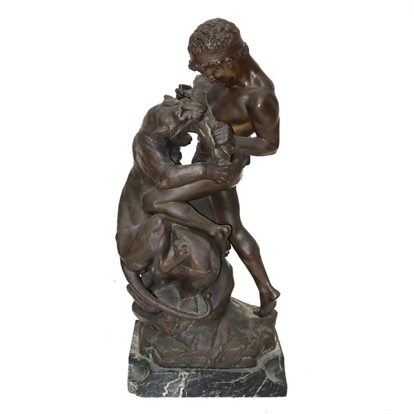 Edouard Drouot - Bronze of boy with tiger (Fight for life)