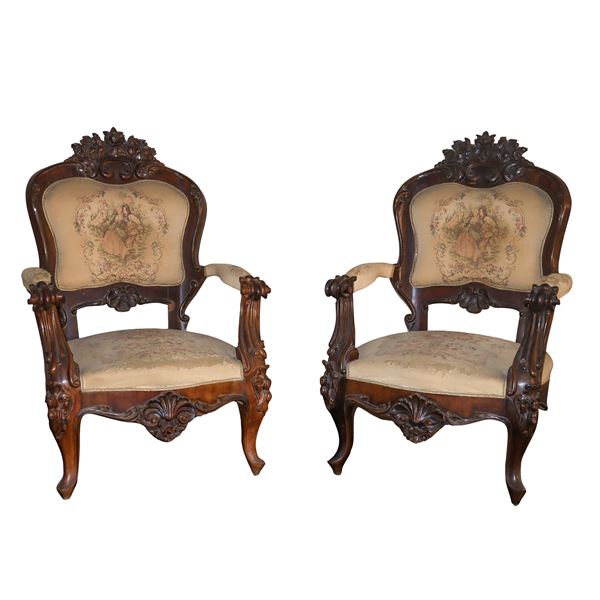 Pair of large wooden armchairs, Louis Philippe