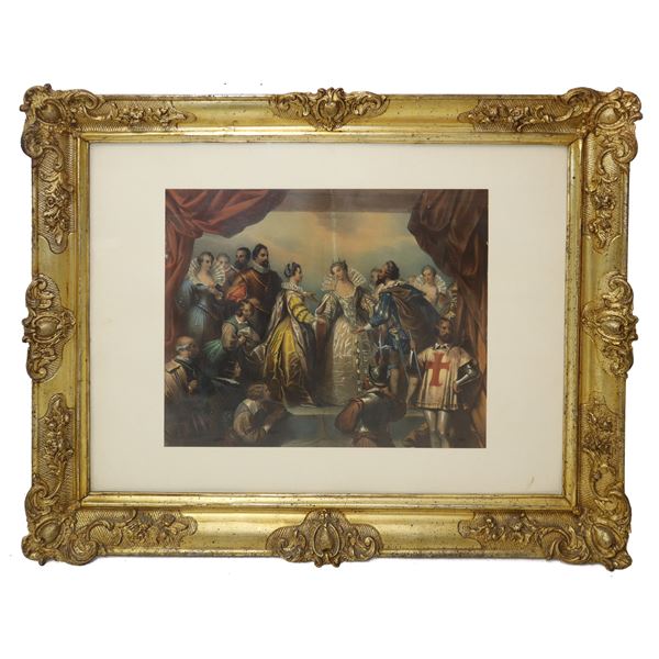 Golden tablet frame with court scene print