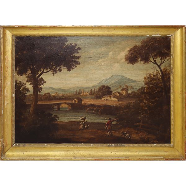 Paesaggio fluviale con ponte e personaggi