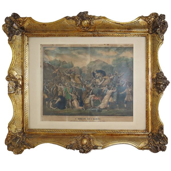 Golden frame with print depicting the Romans and Sabines