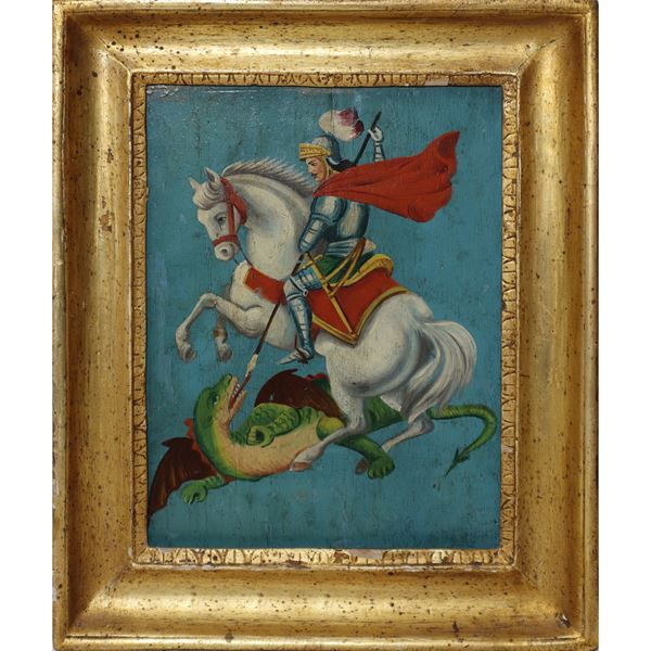 Oil on panel of Saint George and the dragon