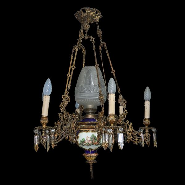 Oil chandelier in majolica and glass toasts