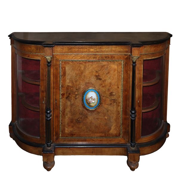 French etagere with central door with porcelain plaque applied to the centre, glassed sides.