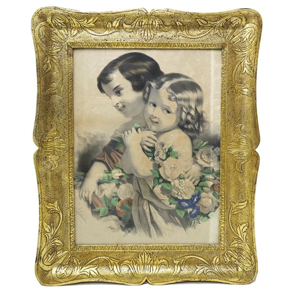 Golden mecca tray frame with print depicting two little sisters
