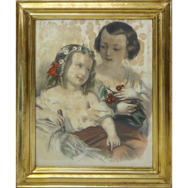 Cornice dorata con litografia “Le due sorelle”, XIX secolo