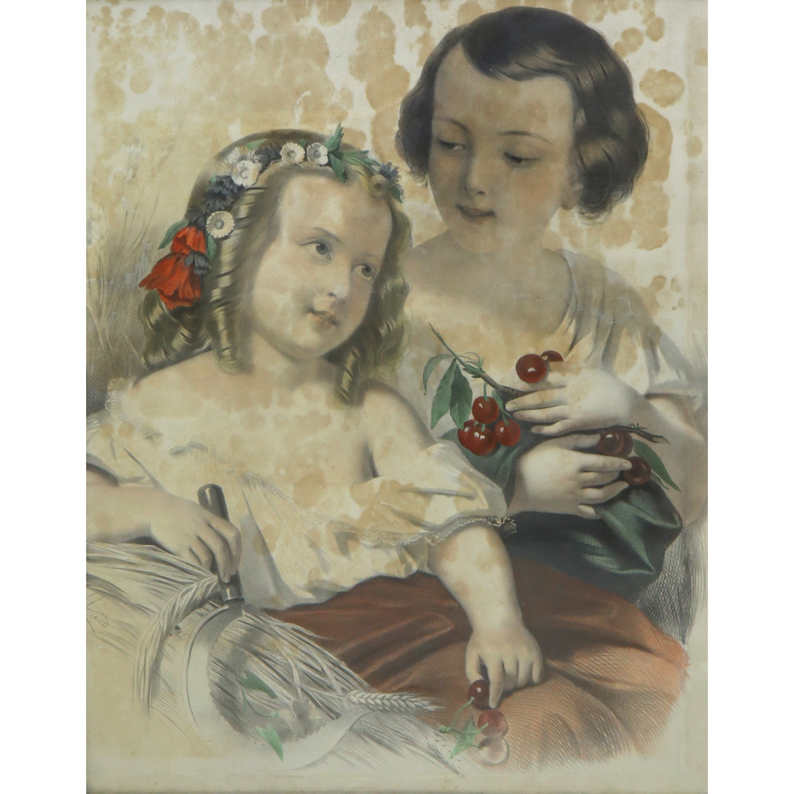 Cornice dorata con litografia “Le due sorelle”, XIX secolo