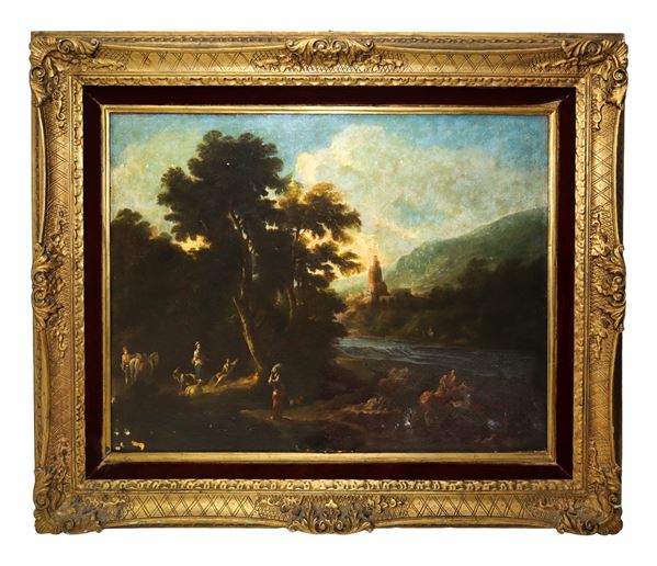 River landscape with characters and herds