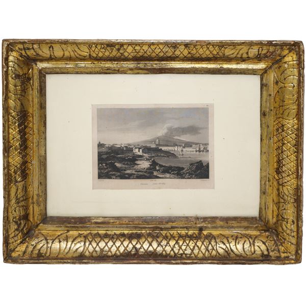 Engraving of the port of Catania with Etna, lava from 1969